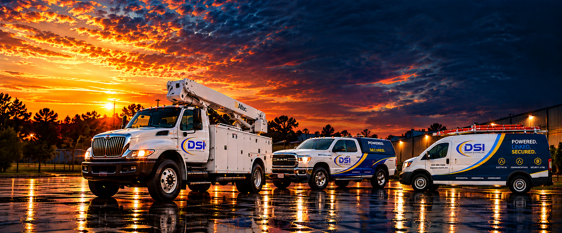 DeGraaf Systems branded electrical bucket truck, communications pickup and security service van at sunset.